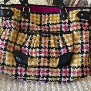 Coach Pink and Yellow Tweed Tote Bag